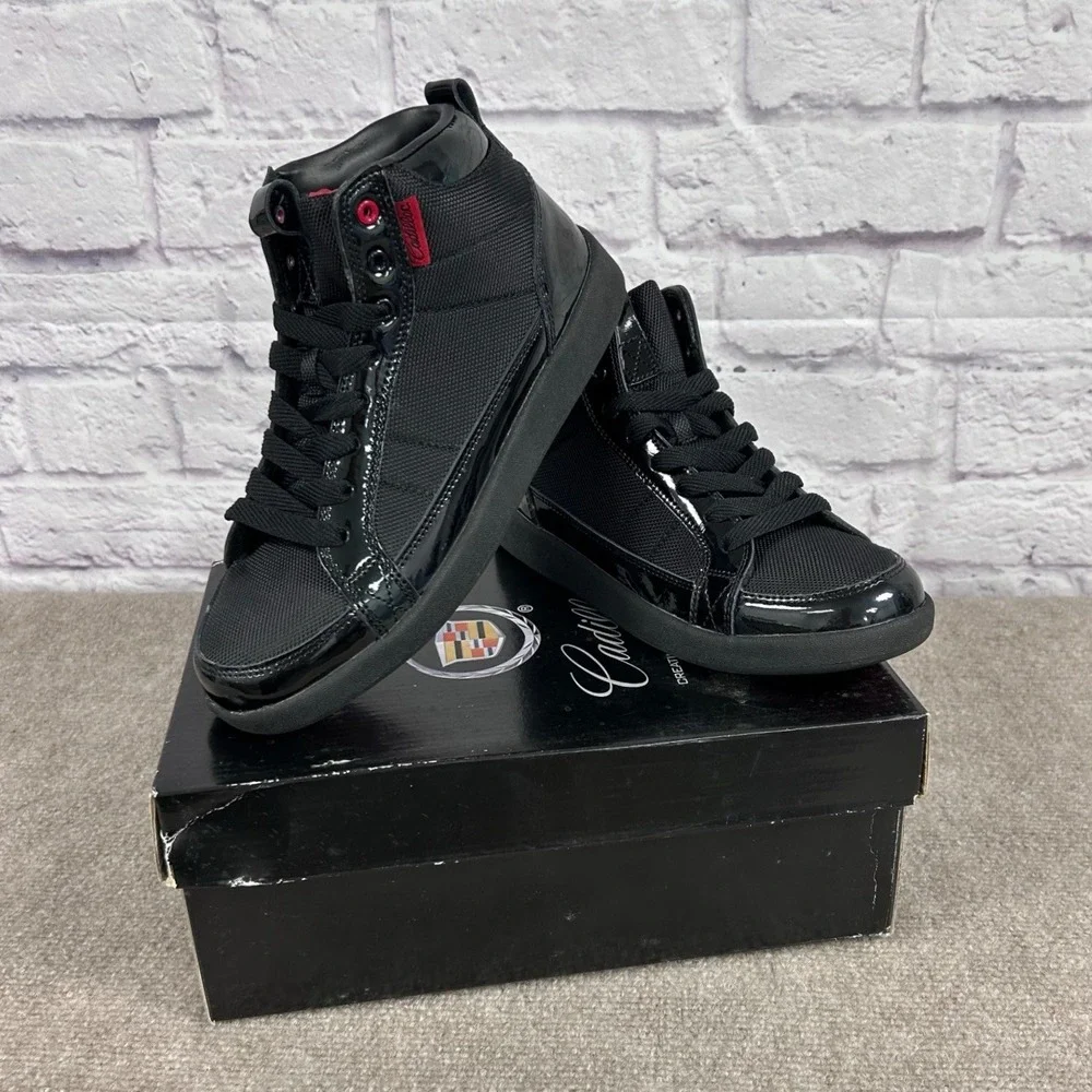 RARE Vintage Cadillac‎ Kids High Top Sneakers Black Patent Logo Lace Up Size 4